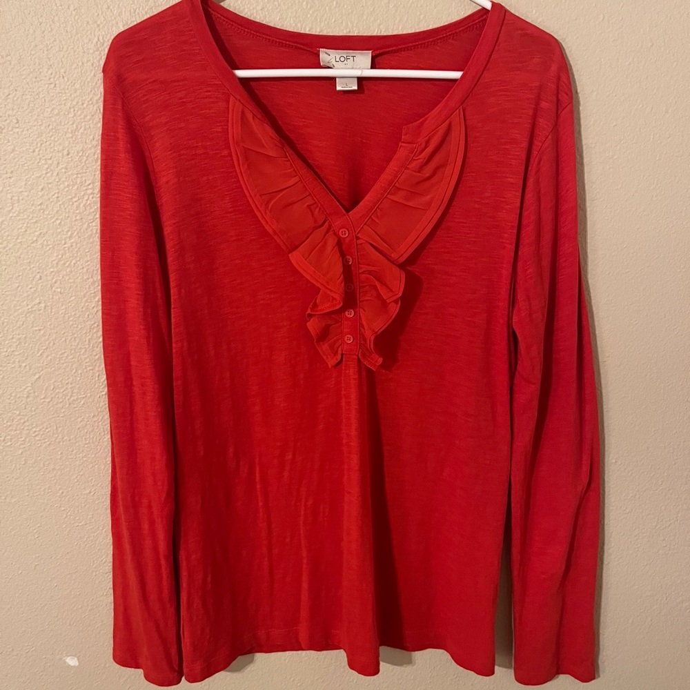 ANN TAYLOR LOFT Vibrant Red Ruffle Cotton Blouse Size L